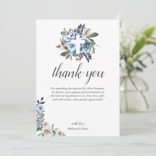 Boho Dusty Blue Beige Flowers Baptisme Bedankkaart (Staand voorkant)