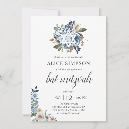 Boho Dusty Blue Beige Flowers Bat Mitzvah Kaart (Voorkant)