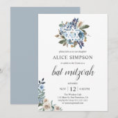 Boho Dusty Blue Beige Flowers Bat Mitzvah Kaart (Voorkant / Achterkant)