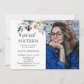 Boho Dusty Blue Beige Flowers Foto Sweet 16 Kaart (Voorkant)