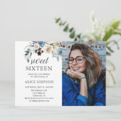 Boho Dusty Blue Beige Flowers Foto Sweet 16 Kaart (Staand voorkant)