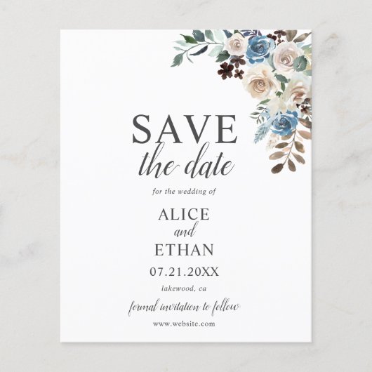 Boho Dusty Blue Beige Flowers Save the Date (Voorkant)
