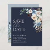 Boho Dusty Blue Beige Flowers Script Save the Date (Voorkant / Achterkant)