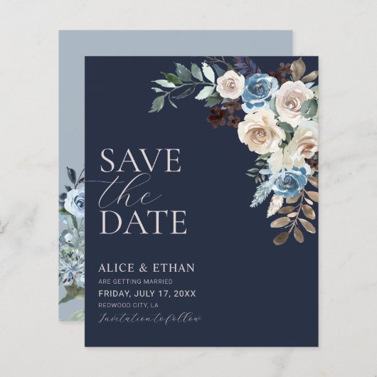 Boho Dusty Blue Beige Flowers Script Save the Date (Voorkant / Achterkant)