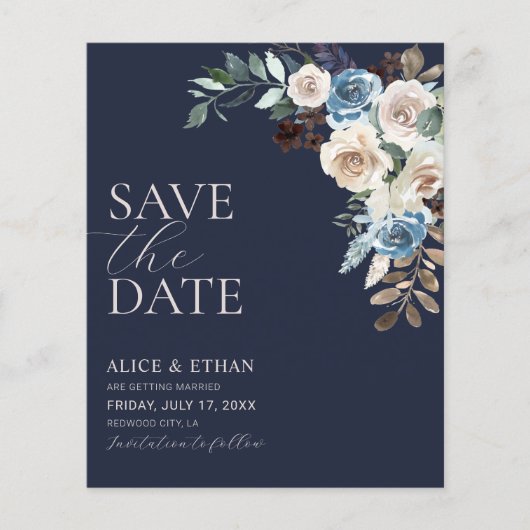 Boho Dusty Blue Beige Flowers Script Save the Date (Voorkant)
