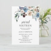 Boho Dusty Blue Beige Flowers Sweet 16 Kaart (Staand voorkant)