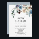 Boho Dusty Blue Beige Flowers Sweet 16 Kaart<br><div class="desc">Boho stoffige blauwe en beige neutrale bloemen met gedroogde bladeren.</div>