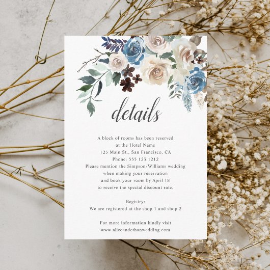 Boho Dusty Blue Beige Flowers Weddenschap Details Informatiekaartje