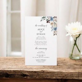 Boho Dusty Blue Beige Flowers Wedding Programme