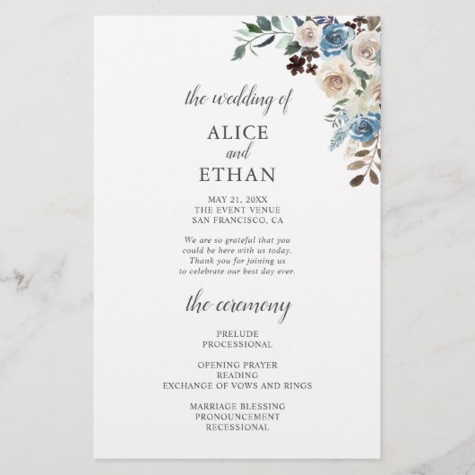 Boho Dusty Blue Beige Flowers Wedding Programme (Voorkant)