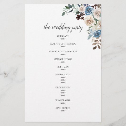 Boho Dusty Blue Beige Flowers Wedding Programme (Achterkant)