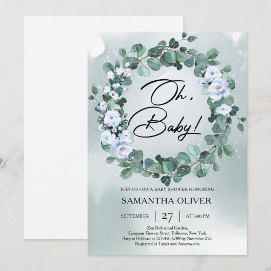 Boho Dusty blue bloemen diep groene eucalyptus Inv Kaart (Voorkant / Achterkant)