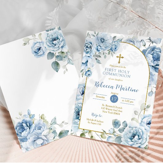 Boho Dusty Blue Bloemen Eerste Heilige Communie Kaart