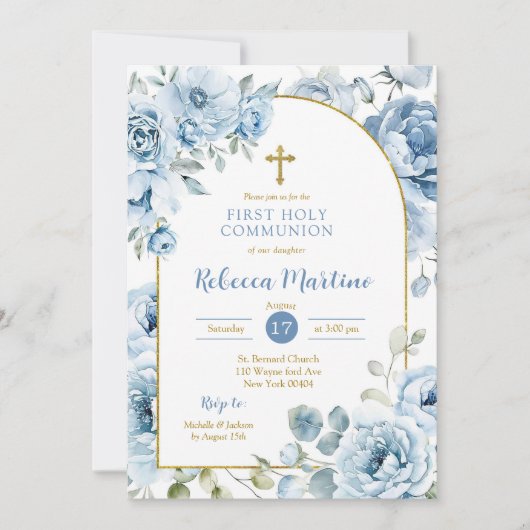 Boho Dusty Blue Bloemen Eerste Heilige Communie Kaart (Voorkant)