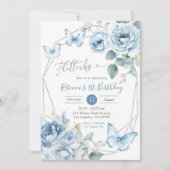 Boho Dusty Blue Bloemen Vlinder Verjaardag Kaart (Voorkant)