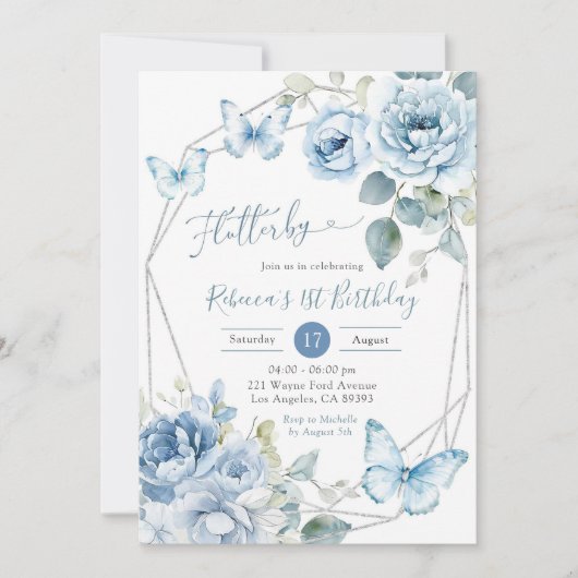 Boho Dusty Blue Bloemen Vlinder Verjaardag Kaart (Voorkant)