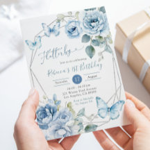 Boho Dusty Blue Bloemen Vlinder Verjaardag