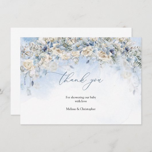 Boho dusty blue bloemen witte roodroos eucalyptus bedankkaart (Voorkant / Achterkant)