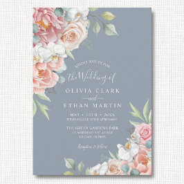 Boho Dusty Blue Blush Pink Floral Rustic Wedding Kaart