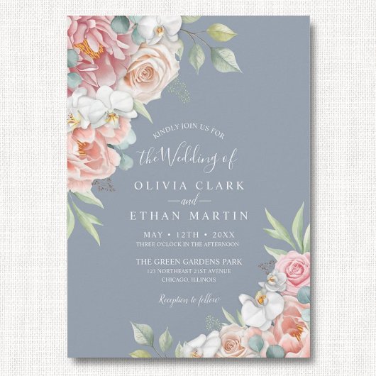 Boho Dusty Blue Blush Pink Floral Rustic Wedding Kaart