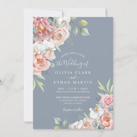 Boho Dusty Blue Blush Pink Floral Rustic Wedding Kaart (Voorkant)