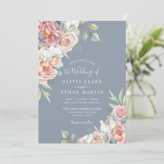 Boho Dusty Blue Blush Pink Floral Rustic Wedding Kaart (Staand voorkant)