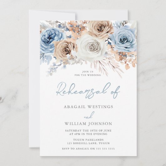 Boho Dusty Blue: Bohemian Wedding Rehearsal Dinner Kaart (Voorkant)