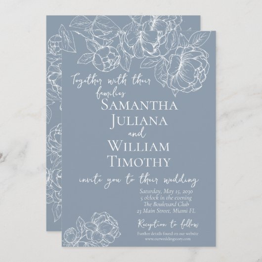 Boho Dusty Blue Botanical Floral Modern Wedding Kaart (Voorkant / Achterkant)