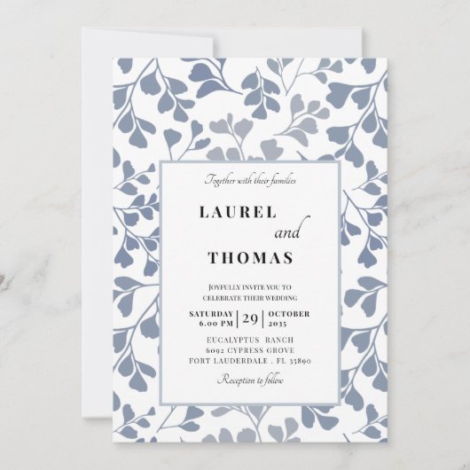 Boho Dusty Blue Botanical Leaf Wedding Invitation Kaart (Voorkant)