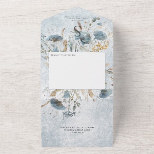Boho Dusty Blue & Brown Floral Monogram Dinner All In One Uitnodiging (Buitenkant)