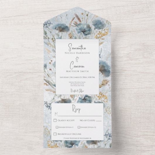 Boho Dusty Blue & Brown Floral Monogram Dinner All In One Uitnodiging (Binnen)