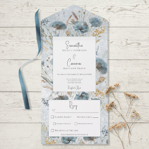 Boho Dusty Blue & Brown Floral Monogram Dinner All In One Uitnodiging