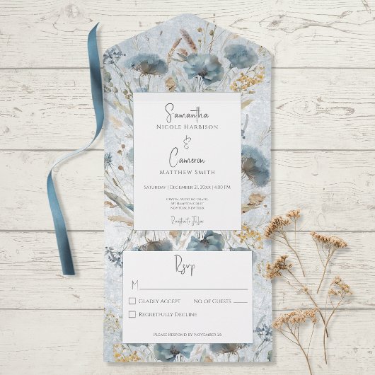 Boho Dusty Blue & Brown Floral Monogram No Dinner All In One Uitnodiging