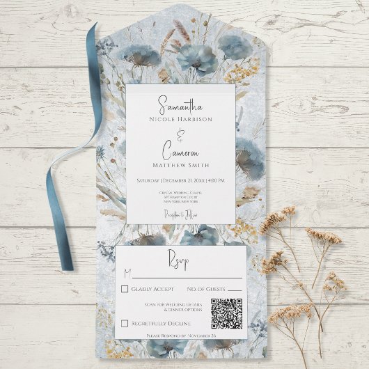 Boho Dusty Blue & Brown Floral Monogram QR Code All In One Uitnodiging