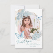 Boho Dusty Blue Butterfly 1e Verjaardag met foto Bedankkaart (Voorkant)