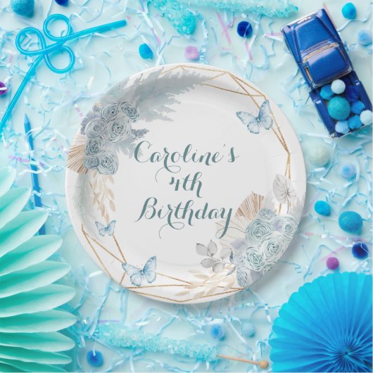 Boho Dusty Blue Butterfly Geometrische Verjaardag Papieren Bordje (Feest)