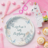 Boho Dusty Blue Butterfly Geometrische Verjaardag Papieren Bordje (Feest)