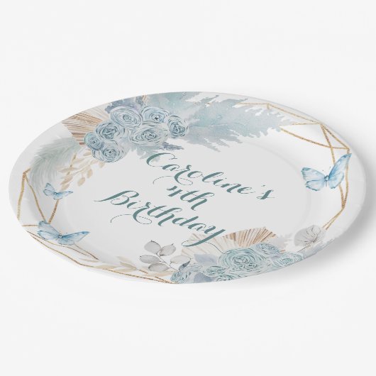Boho Dusty Blue Butterfly Geometrische Verjaardag Papieren Bordje (Gekanteld)