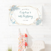 Boho Dusty Blue Butterfly Verjaardag Groot Spandoek (Insitu)