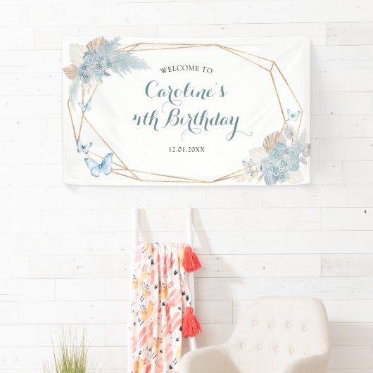 Boho Dusty Blue Butterfly Verjaardag Groot Spandoek (Insitu)