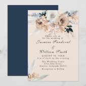 Boho Dusty Blue en Beige Floral Wedding Invitatio Kaart (Voorkant / Achterkant)
