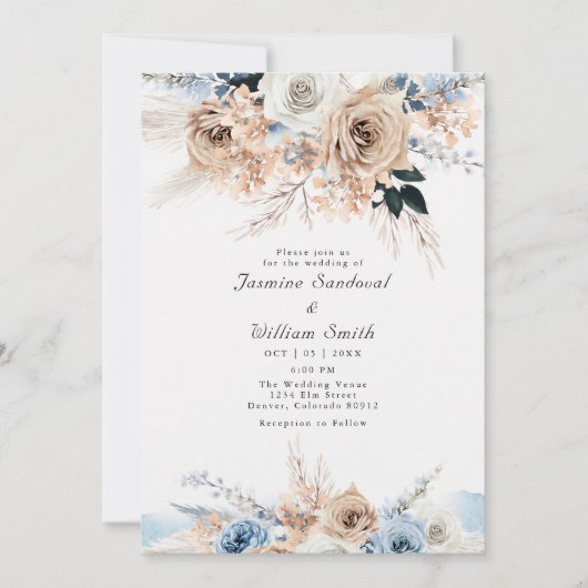 Boho Dusty Blue en Beige Floral Wedding Kaart (Voorkant)