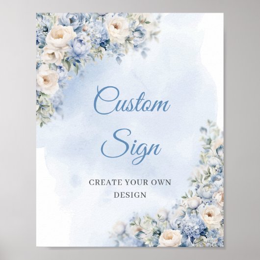 Boho Dusty Blue en Ivory bloemenbord op maat Poster (Voorkant)