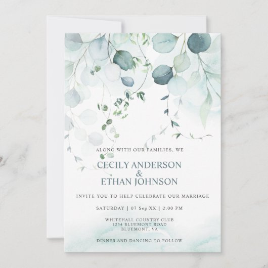 Boho Dusty Blue en Sage Green Eucalyptus Wedding Kaart (Voorkant)