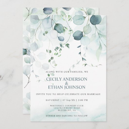 Boho Dusty Blue en Sage Green Eucalyptus Wedding Kaart (Voorkant / Achterkant)