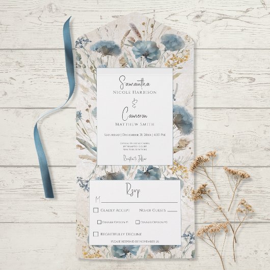 Boho Dusty Blue en Tan Floral Monogram Dinner All In One Uitnodiging