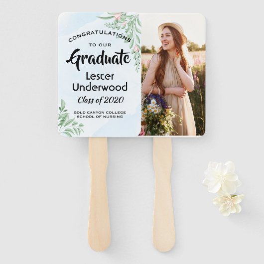 Boho Dusty Blue Eucalyptus-Afstuderen Handwaaier (Voorkant en achterkant)