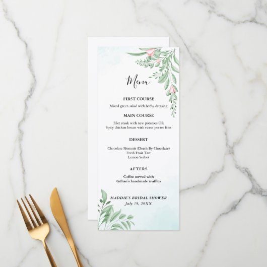 Boho Dusty Blue Eucalyptus Greenery Baby shower Menu (Voorkant / Achterkant in situ)