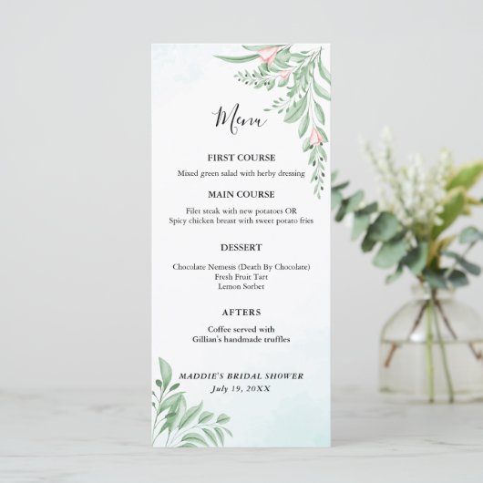 Boho Dusty Blue Eucalyptus Greenery Baby shower Menu (Staand voorkant)