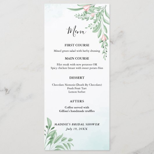Boho Dusty Blue Eucalyptus Greenery Baby shower Menu (Voorkant)